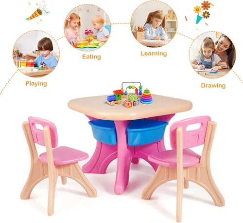 Miniatura 5 de Honey Joy Juego de mesa y silla para niños, mesa de actividades de plástico para niños y 2 sillas con contenedores de almacenamiento, juego de Rosa