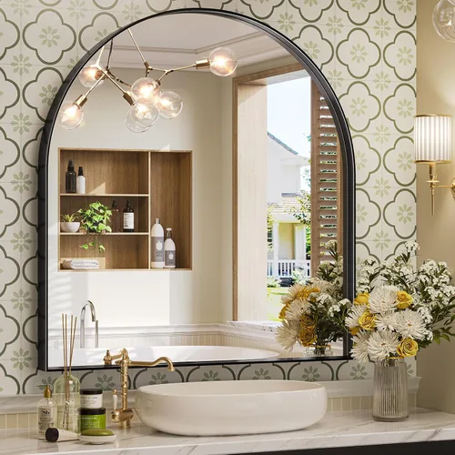 Miniatura 13 de Brightify - Espejo arqueado dorado de 24 x 32 pulgadas, espejo de pared con marco de metal de latón para baño, espejo arqueado superior para tocador