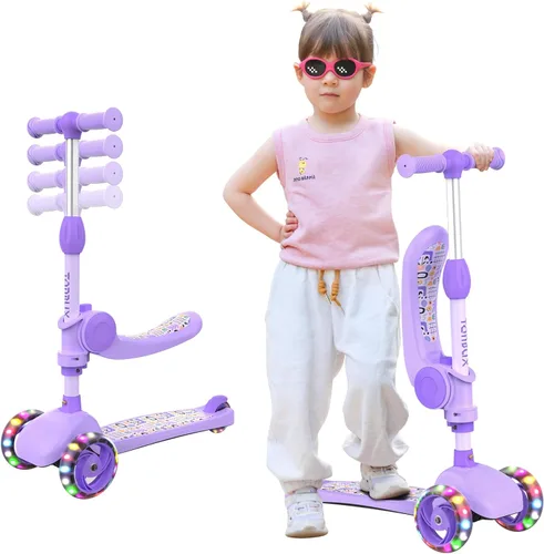 Miniatura 9 de TONBUX Kids Scooter with Seat, 3 Wheels Scooter with PU Luminous Wheels, Non-Slip Handle and Wide Deck, Sensitive Brakes, 4-Level Adjustable Height