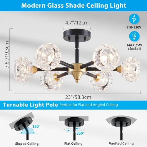 Miniatura 2 de XINGQI Lámpara de techo moderna de 6 luces, lámpara de montaje semiempotrado Sputnik, lámparas de araña doradas en negro para recámara, comedor