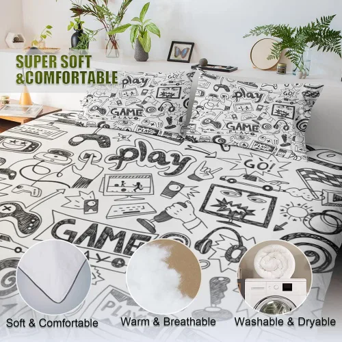 Miniatura 8 de Juegos de Edredón Gaming para Niños Adolescentes Tamaño Twin, Juego de Ropa de Cama de Videojuegos para Niños Estilo Boceto Diseño Atlético