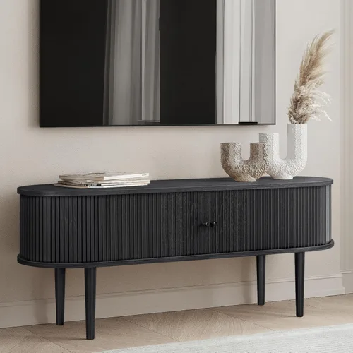 WERMO Soporte de TV negro de 55 pulgadas con almacenamiento y estantes para televisores de 32 a 60 pulgadas. Centro de entretenimiento negro con