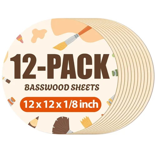 Miniatura 18 de Paquete de 12 hojas de tilo Rowood, 12x12x1/8pulgadas, tilo de 3mm para corte láser, kits de manualidades para adultos, tablero de madera