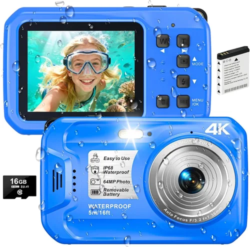 Cámara subacuática 4K, cámara digital impermeable de 64 MP y 16 pies con tarjeta de 16 GB, cámara impermeable flotante de enfoque automático con