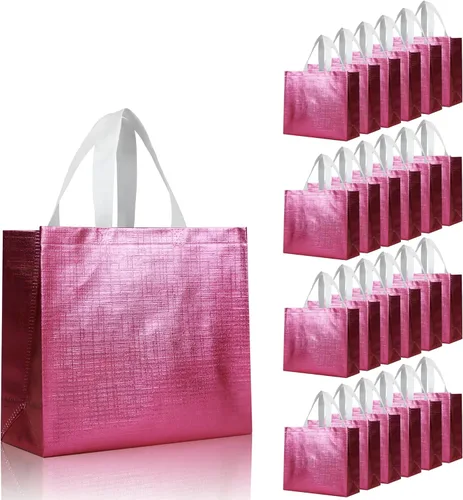Miniatura 8 de cabzymx 16 bolsas de regalo reutilizables rosadas, bolsa de regalo de vacaciones con diseño metálico brillante con asas y bases, bolsa de regalos