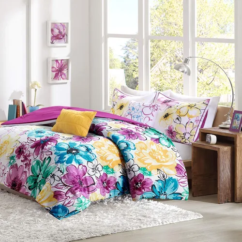 Miniatura 2 de Juego de edredón de Intelligent Design con diseño floral vibrante, ropa de cama para niñas, juego de funda de almohada combinada, almohada Floral