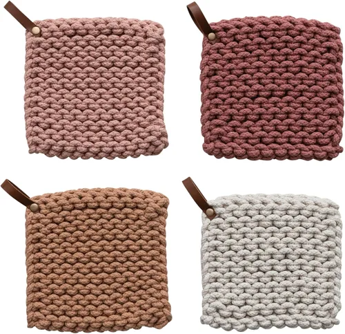 Soporte cuadrado de algodón de color sólido de 8 pulgadas con mango de lazo de cuero para cocinar, multicolor, juego de 4 Rosa/Melocotón/Crema