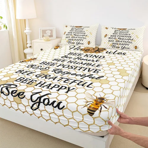 Miniatura 4 de Juego de ropa de cama de nido de abeja, sábana bajera ajustable de abeja para niños y niñas, diseño geométrico de vida silvestre voladora, juego