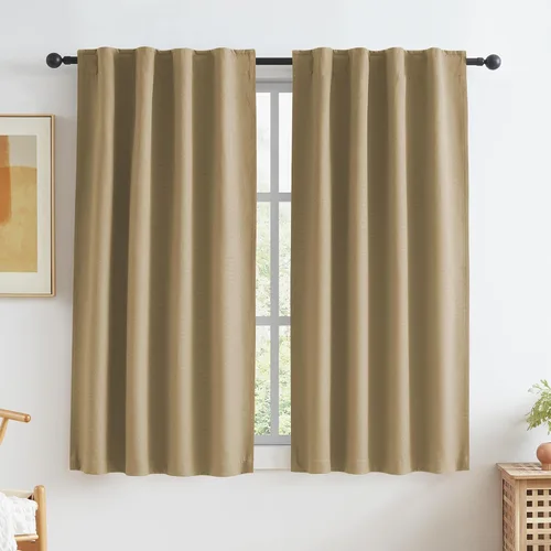 Miniatura 36 de Paneles de cortinas de ventana 100% opacas, con trabillas traseras, bolsillo para barra, gancho, cinturón, aspecto plisado, cortinas para sistema