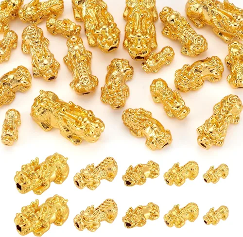 Craftdady 20 cuentas espaciadoras Pixiu chapadas en oro de 24 quilates, aleación de metal 3D, cuentas Fengshui, 5 tamaños para atraer riqueza, buena