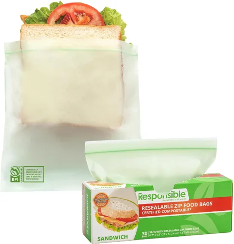 Miniatura 7 de Responsible Products Bolsa con cremallera resellable de gran galón compostable certificada, bolsas de alimentos extra resistentes, hechas