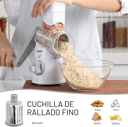 Miniatura 5 de Rallador de queso giratorio Geedel, rallador de mandolina de cocina para vegetales con 3 cuchillas intercambiables, rallador giratorio fácil