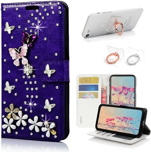 Bling - Funda tipo cartera compatible con iPod Touch 5/iPod Touch 6, elegante, 3D hecha a mano, S-Link, funda de piel con diseño de mariposas y