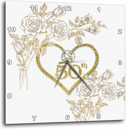 3dRose 50º aniversario de bodas de oro en oro sintético con purpurina en corazón sobre blanco, reloj de pared de 13 x 13 pulgadas