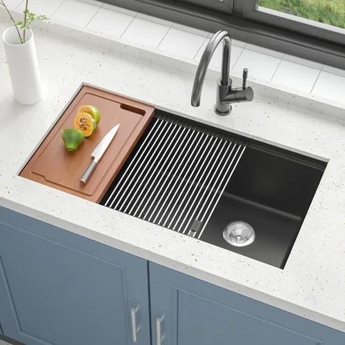 Miniatura 9 de Fregadero de cocina de 32 pulgadas para montar bajo encimera, acero inoxidable calibre 18, lavabo profundo grande con rejilla y colador