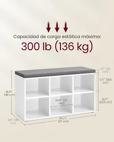 Miniatura 7 de VASAGLE - Banco para zapatos con cojín, banco de almacenamiento de zapatos con 6 compartimentos y 3 estantes ajustables, banco de entrada con Blanco