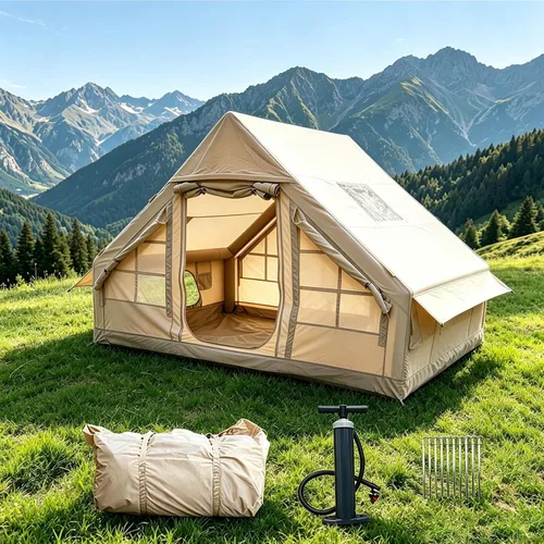 Inflatable Camping Tents with Hand Pump, Air Glamping Tents, Easy Setup Waterproof and Windproof Blow up Tent, 4 Seasons Oxford Cabin Tent with Mesh