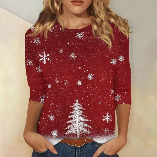 Miniatura 120 de Camisetas de manga 3/4 para mujer, cuello redondo, holgadas, casuales, con estampado floral, camisetas de moda para el trabajo de negocios