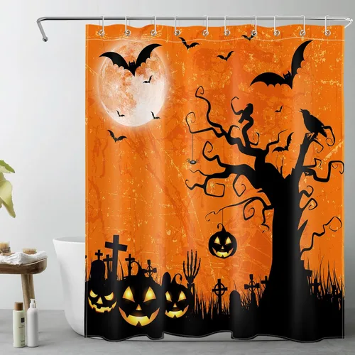 Miniatura 19 de EOBTAIN Cortina de ducha de cielo nocturno azul de Halloween para baño, espeluznante calabaza y murciélago en árbol muerto en cementerio aterrador