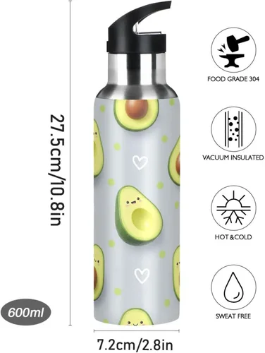 Miniatura 9 de Cute Cartoon Avocado Faces Stainless Steel Water Bottle 20 Oz Leakproof Water Bottles, BPA-Free Sports Water Bottle with Straw