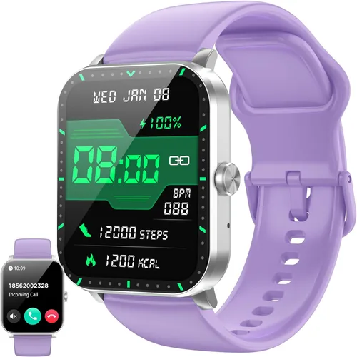 Reloj inteligente para hombres y mujeres, más de 120 modos deportivos, llamadas/mensajes Bluetooth, pantalla táctil HD de 1.85 pulgadas, IP68 Púrpura