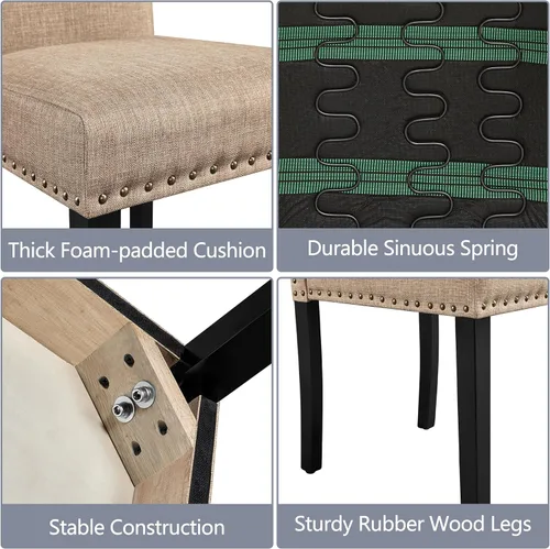 Miniatura 7 de Yaheetech Juego de 4 sillas de comedor tapizadas de tela moderna con patas de madera maciza y adornos de cabeza de clavo para cocina, sala de estar