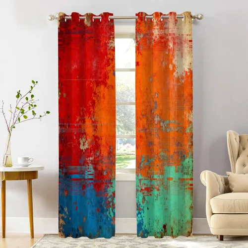 Miniatura 132 de Shrahala Beige and Orange Abstract Art Brushstrokes Blackout Curtain Tiers, Abstract Oil Paint Kitchen Valance Light Blocking Tier Drapes with Rod