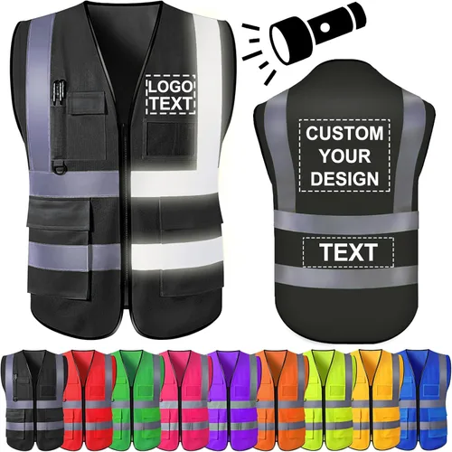 Miniatura 13 de Chaleco de seguridad personalizado para hombre, chaleco personalizado de alta visibilidad, ropa de trabajo con tira reflectante, 5 bolsillos Azul