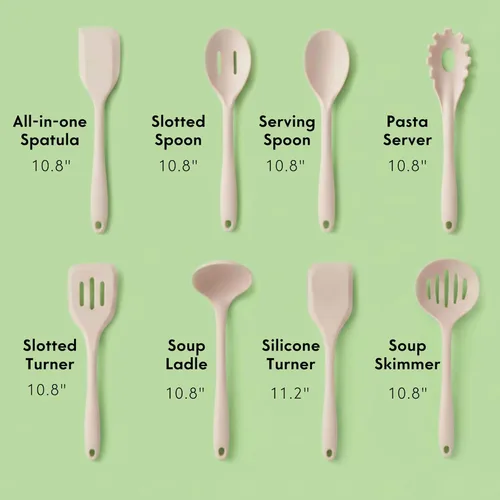 Miniatura 7 de Juego de 8 utensilios de cocina de silicona de platino no tóxico – Cucharas y espátulas de cocina antiarañazos, 100% libre de plástico, núcleo