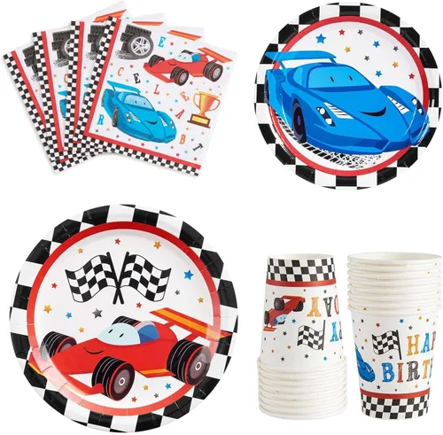 WERNNSAI Decoraciones de fiesta de autos de carreras, 64 piezas, platos de automóvil, servilletas y tazas, vajilla temática a cuadros para niños,