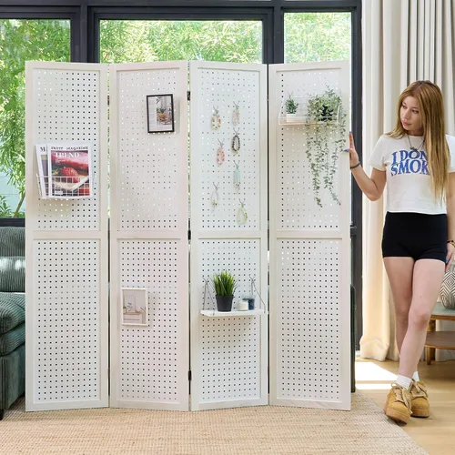Miniatura 11 de Exhibidor de tablero perforado, organizador de pared portátil independiente de 5.6 pies, divisor de habitación de madera, pantallas de privacidad