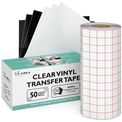 Kassa Cinta de transferencia para vinilo, transparente, 6 pulgadas x 50 pies, 3 hojas de vinilo blanco y negro incluidas, compatible con Cricut,
