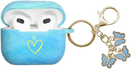Miniatura 10 de Funda compatible con AirPods 3 2021, funda de silicona suave con patrón de corazón dorado para AirPods de 3ª generación con bonito llavero de Negro