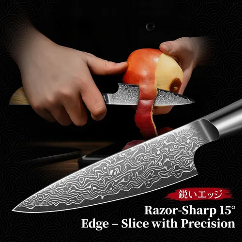Miniatura 5 de TIVOLI Cuchillo Mondador de Acero de Damasco, Cuchillo de Frutas VG-10 con Hoja Extremadamente Afilada y Mango Ergonómico de Madera de Olivo, Ideal
