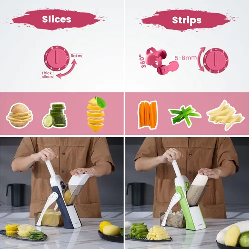 Miniatura 3 de SupMaKin rebanador de mandolina seguro para cocina, cortador de verduras, papas fritas, rebanador de grosor ajustable manual, artefacto de corte Rojo