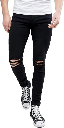LONGBIDA Pantalones de mezclilla ajustados rasgados para hombre, elásticos, ajustados, con agujeros en la rodilla, pierna cónica