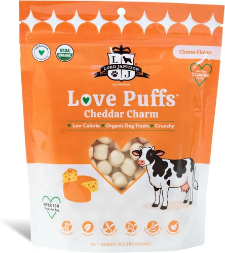 Lord Jameson Cheddar Charm | Colección Love Puffs ligeros y crujientes | Golosinas orgánicas para perros, receta de queso, sin gluten, sin