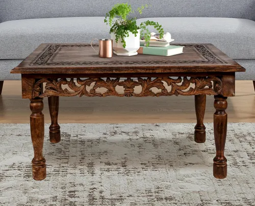 Miniatura 9 de Mesa de café rectangular de madera con talla Jali, mesa de café estilo granja, mesa rústica central, estilo de mediados de siglo, muebles rústicos