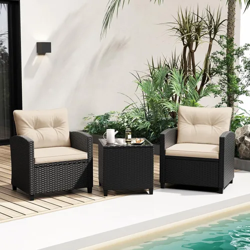 Miniatura 13 de RELAX4LIFE Juego de muebles de patio de 3 piezas, juego de conversación de mimbre con 2 sillones acolchados y mesa con tapa de cristal, juego