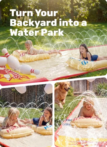 Miniatura 7 de Sloosh Juego de bolos de tobogán acuático de 20 pies, toboganes de agua y 2 bodyboards de verano con rociador integrado para diversión al aire libre