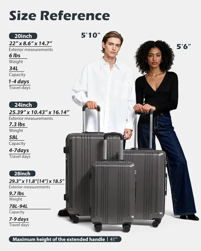 Miniatura 3 de Coolife Maleta Expandible PC+ABS Juego de 3 piezas con cerradura TSA Spinner 20in24in28in, plateado