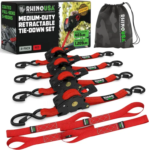 Miniatura 12 de Rhino USA Correas de trinquete retráctiles (paquete de 2) – 1 pulgada x 10 pies (1,209 libras de resistencia a la rotura) – Correas de amarre auto
