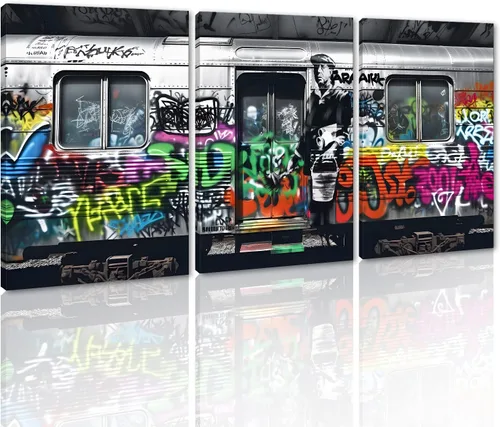 Miniatura 36 de 3 paneles divertidos de Banksy Graffiti Street Wall Art Cuadros de graffiti, autobús, metro, obras de arte modernas para decoración de pared