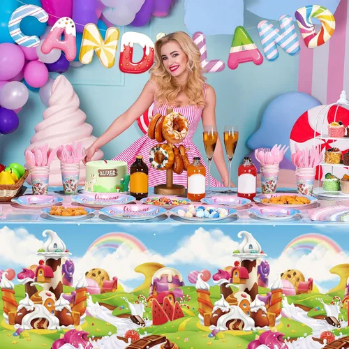 Miniatura 7 de Tiamon 171 piezas de decoraciones de fiesta de donas de Candyland para 24 invitados, decoraciones de fiesta temática de caramelos, incluye platos
