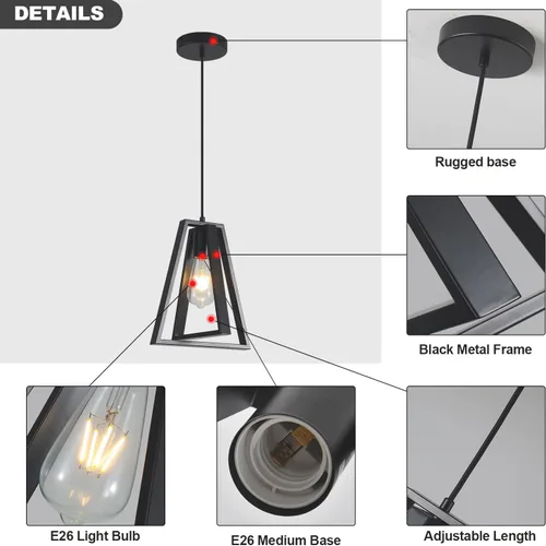 Miniatura 5 de Lámpara colgante de casa de campo negra para isla de cocina, lámpara colgante rústica, altura ajustable, lámpara colgante de techo de metal, mini