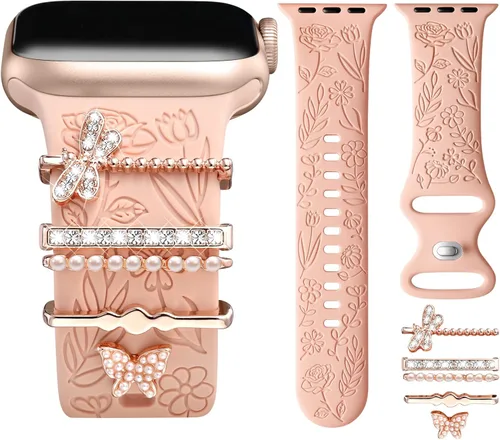 Miniatura 10 de DaQin Banda con Flor Grabada Compatible con Apple Watch, Bandas de 44mm, 42mm, 45mm, 46mm para Mujeres, Correa de Silicona Suave con Decoración