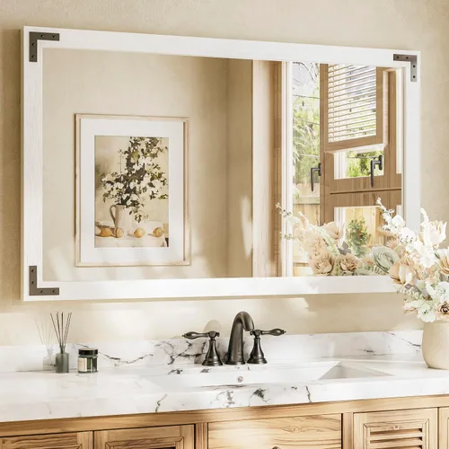 Miniatura 39 de TETOTE Espejo de madera natural de 48 x 24 pulgadas para pared de baño/dormitorio/sala de estar/entrada, espejo rústico de tocador de baño