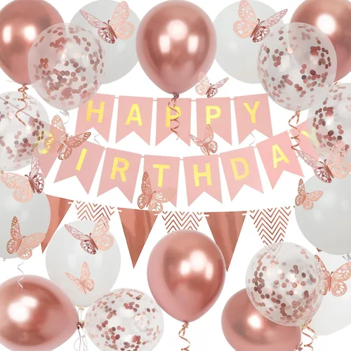 Miniatura 12 de Cartel de feliz cumpleaños, decoración de cumpleaños de oro rosa, 16 globos de 12 pulgadas con 2 cintas para decoración de fiesta de niña y mujer