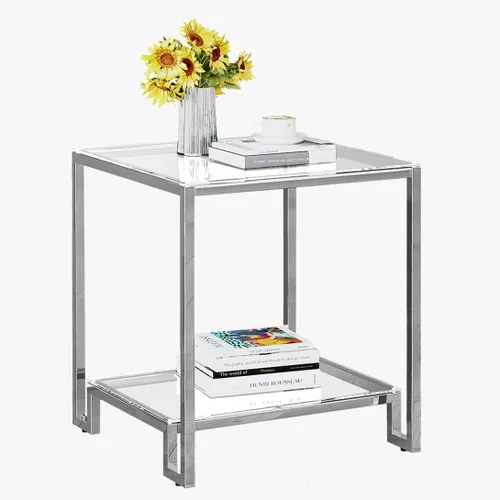 Miniatura 12 de Mesa auxiliar cuadrada de 19.68 pulgadas con parte superior de vidrio templado, elegante marco de metal en forma de X, mesa auxiliar para sala