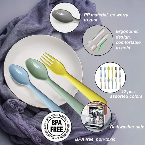 Miniatura 9 de cubiertos para niños cucharas y tenedores utensilios para niños pequeños plásticos reutilizables juego de cubiertos para bebés vajilla para la Dulce